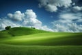 Beautiful grassy field nature landscape background panorama with blooming glade, trees, hills and wonderful blue sky, generative Royalty Free Stock Photo