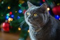 Beautiful gray British shorthair cat in a silver collar on the background of the Christmas tree Royalty Free Stock Photo