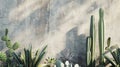 beautiful gray concrete stone wall with cacti and sunrays, copy space