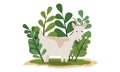 A beautiful gray goat with long horns stands in a clearing surrounded by tall green plants