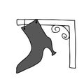 Beautiful gray hand-drawn fashion vector illustration of a Sign in the form of an old iron female boot with a sharp heel