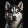 Beautiful gray and white Siberian Husky dog looking at camera with curious eyes in front of black background. Genearative AI of a 