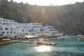 Beautiful Greek blue and white houses on the shores of Crete in the Mediterranean