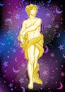 Beautiful Greek god on space background. The mythological heroine of ancient Greece. Outer space vector illustration.