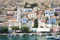Beautiful Greek island of Chalki. Landscape view of the bustling harbor Royalty Free Stock Photo