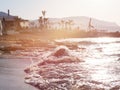 Beautiful greek summer sunny beach bay view to mediterranean blue sea awesome turquoise water like paradise with small white house Royalty Free Stock Photo