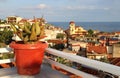 Beautiful Greek terrace with flowers Royalty Free Stock Photo