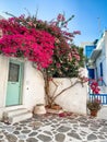 Beautiful Greek white house typical traditional architecture, front door decorated with flowers, ios cycladic islands, greece Royalty Free Stock Photo