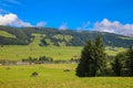 Beautiful green alpine fields. Small villages high in the mountains