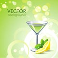 Vector abstract green background with alcohol cocktail and lemon with mint.