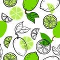 Beautiful green, black and white seamless doodle pattern with cute doodle limes sketch. Hand drawn trendy background. design backg Royalty Free Stock Photo