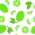 Beautiful green, black and white seamless doodle pattern with cute doodle limes sketch. Hand drawn trendy background. design Royalty Free Stock Photo