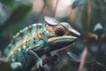 Beautiful green Chameleon on a branch in a large terrarium. Generative AI