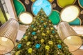 Beautiful green Christmas tree colorful Hanging decoration balls closeup Royalty Free Stock Photo