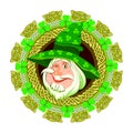 Beautiful green decoration with shamrock and funny old man. St. Patrick day symbol. Irish ethnic drawing. Celtic knot pattern. Royalty Free Stock Photo