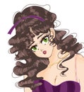 Beautiful green-eyed girl with curly hair in 80s anime style