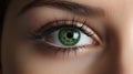 Beautiful green female eye with long eyelashes. Close up. Generative AI