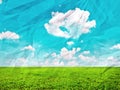 Beautiful green field and blue sky on grunge crumpled paper Royalty Free Stock Photo