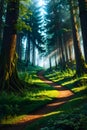 illustration of beautiful green forest in the morning, beauty of nature concept background Royalty Free Stock Photo