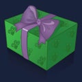 Beautiful green gift box with purple bow on a blue background Royalty Free Stock Photo