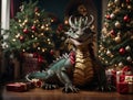 A green dragon sits near gifts in a festively decorated room