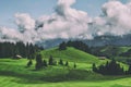 Beautiful green grass on a golf field with mountain and blue sky Royalty Free Stock Photo