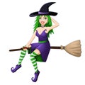 Beautiful green haired witch flying on a broomstick