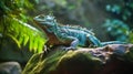 Morning Sunbath: Green Iguana on Rock by Waterfall in Jungle Royalty Free Stock Photo