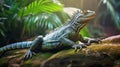 Morning Sunbath: Green Iguana on Rock by Waterfall in Jungle Royalty Free Stock Photo