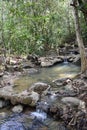 Beautiful green jungle landscape with a river and many big stones at the jungle hiking trail to dragon crest in Khao Ngon Nak in T