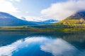 Beautiful Green Landscape and Blue Ocean of Seydisfjordur, Iceland cpatured during early morning