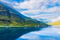 Beautiful Green Landscape and Blue Ocean of Seydisfjordur, Iceland cpatured during early morning