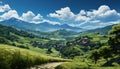 Beautiful green meadow with mountains and clear blue sky generated by AI Royalty Free Stock Photo