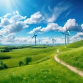 Beautiful green meadow with wind turbines generating electricity Royalty Free Stock Photo