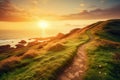 Beautiful Green Mountain Landscape With Narrow Path And Sea At Sunset - Generative AI