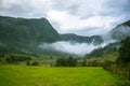 A beautiful green mountain valley near Rosendal in Norway. Autumn landscape in Folgefonna national park. Royalty Free Stock Photo