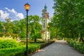 Beautiful green park with the old church in Sopot, Poland Royalty Free Stock Photo