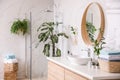 Beautiful green plants near vessel sink on countertop in bathroom. Interior design Royalty Free Stock Photo