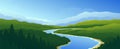 Flowing river through grassy green hills and mountains background Royalty Free Stock Photo