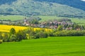 Beautiful green spring meadow in sunrise light, church and village in background