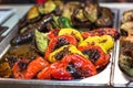 Beautiful green yellow and red grilled roasted bell pepper background. grilled vegetables on a grill Royalty Free Stock Photo