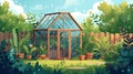 Beautiful greenhouse glass house in the garden yard for growing plant seedlings under blue sky