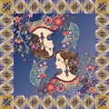 Beautiful greeting card or bandana print with two colorful portraits of girls with flowers in ornamental frame. Royalty Free Stock Photo