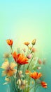 Beautiful greeting card with dreamy spring nature with orange flowers on green backdrop. Vertical picture, copy space Royalty Free Stock Photo