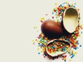 Beautiful greeting card for Easter with chocolate eggs and bright colorful candies