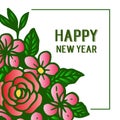 Beautiful greeting card for happy new year celebration, with green leafy flower frame. Vector Royalty Free Stock Photo