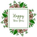 Beautiful greeting card for happy new year celebration, with green leafy flower frame. Vector Royalty Free Stock Photo