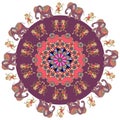 Beautiful greeting card with mandala, dancing monkeys and cute cartoon elephants in indian style.