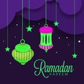 Beautiful greeting or invitation card design with colourful arabic lanterns and golden stars for Islamic holy month of Royalty Free Stock Photo