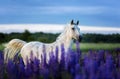 Arabian horse running free on a flower meadow. Royalty Free Stock Photo